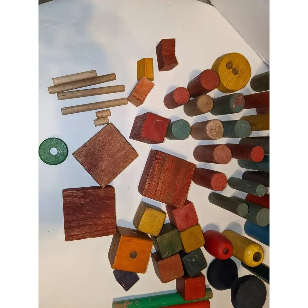 Lot Vintage Antique Children's Wooden Building Blocks Colored Scandinavian Rare